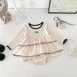 【66-90cm】 リボン付き ワンピース風 ロンパース