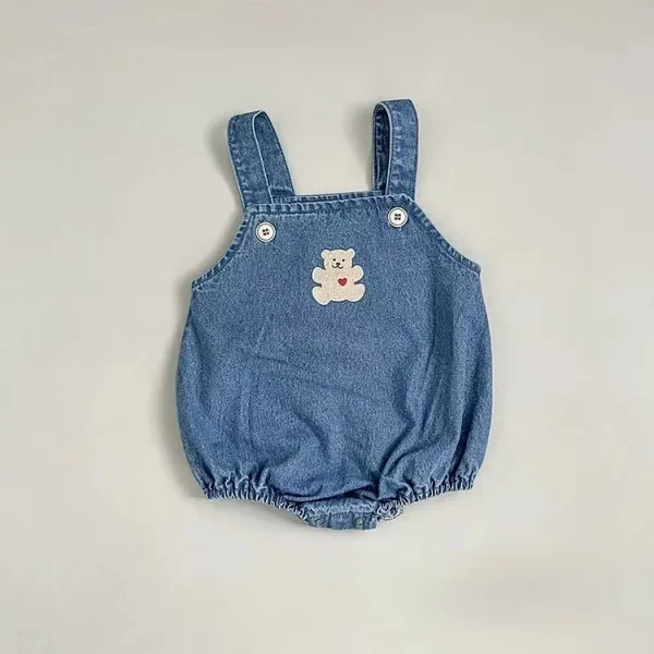 【66-90cm】 熊柄デニム ロンパース