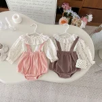 【66-100cm】 丸襟 小花柄 トップス ＆ サロペット ロンパース - 画像 (13)