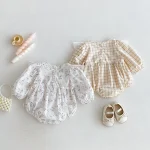 【66-90cm】 フリル襟 チェックOR花柄 ロンパース - 画像 (3)