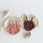 【66-100cm】 丸襟 小花柄 トップス ＆ サロペット ロンパース