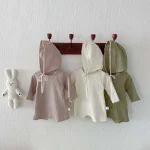 【66-90cm】 韓国風 帽子付き ワッフル オールインワン