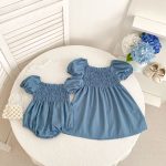 【66-130cm】ロンパース/ワンピース パフスリーブ ブルー 姉妹服 - 画像 (2)