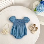 【66-130cm】ロンパース/ワンピース パフスリーブ ブルー 姉妹服 - 画像 (4)