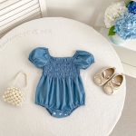 【66-130cm】ロンパース/ワンピース パフスリーブ ブルー 姉妹服 - 画像 (8)
