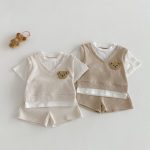 【73-110cm】二点セット レイヤード ワッフル クマ セットアップ - 画像 (2)