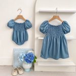 【66-130cm】ロンパース/ワンピース パフスリーブ ブルー 姉妹服 - 画像 (6)