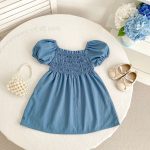 【66-130cm】ロンパース/ワンピース パフスリーブ ブルー 姉妹服 - 画像 (5)