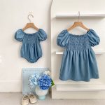 【66-130cm】ロンパース/ワンピース パフスリーブ ブルー 姉妹服 - 画像 (7)