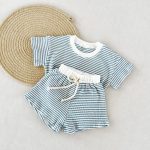 【73-120cm】ベビー服 セットアップ 半袖Tシャツ&ショートパンツ ボーダー柄 - 画像 (6)