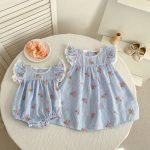 【66-130cm】ロンパース/ワンピース ブルーストライプ フリル 姉妹服 - 画像 (2)