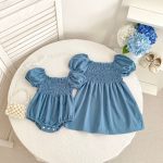 【66-130cm】ロンパース/ワンピース パフスリーブ ブルー 姉妹服 - 画像 (3)
