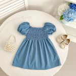 【66-130cm】ロンパース/ワンピース パフスリーブ ブルー 姉妹服 - 画像 (9)
