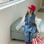 【80-130cm】デニム サロペット 英字柄 カジュアル 女の子 ボトムス - 画像 (5)