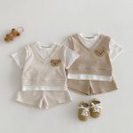 【73-110cm】二点セット レイヤード ワッフル クマ セットアップ - 画像 (6)