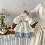 【73-100cm】ベビー 女の子 半袖シャツ/ショートパンツ リボン付き - 画像 (3)