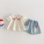 【73-100cm】ベビー 女の子 半袖シャツ/ショートパンツ リボン付き