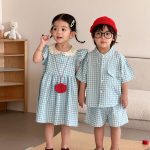 【80-150cm】セットアップ or ワンピース キッズ ブルーホワイトチェック