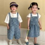 【80-150cm】デニムサロペット 総柄 カジュアル 兄妹お揃い - 画像 (3)