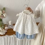 【73-100cm】セットアップ トップス&パンツ ベビー 女の子 小花柄 ノースリーブ レース裾 - 画像 (4)