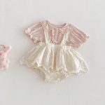 【66-90cm】セットアップ Tシャツ＆レースサロペットショートパンツ パフスリーブ