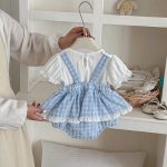 【66-90cm】セットアップ サロペットロンパース＆リブTシャツ ベビー 女の子 チェック柄 - 画像 (4)