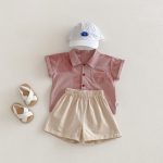 【73-100cm】セットアップ キッズ ピンクシャツ＆ショートパンツ - 画像 (4)