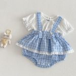 【66-90cm】セットアップ サロペットロンパース＆リブTシャツ ベビー 女の子 チェック柄 - 画像 (2)