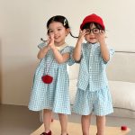 【80-150cm】セットアップ or ワンピース キッズ ブルーホワイトチェック - 画像 (5)