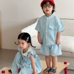 【80-150cm】セットアップ or ワンピース キッズ ブルーホワイトチェック - 画像 (6)