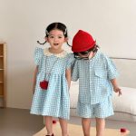 【80-150cm】セットアップ or ワンピース キッズ ブルーホワイトチェック - 画像 (8)