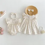 【66-140cm】ロンパース or ワンピース ベビー 女の子 花柄 肩フリル