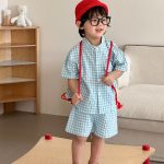 【80-150cm】セットアップ or ワンピース キッズ ブルーホワイトチェック - 画像 (4)