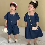 【80-150cm】セットアップ or ワンピース デニム スクエア襟 - 画像 (4)