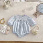 【66-90cm】ロンパース パフスリーブ ピーターパンカラー シンプル おしゃれ ベビー服 - 画像 (3)