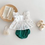 【66-100cm】トップス＆ブルマ 花刺繡 グリーン 女の子 可愛い セットアップ - 画像 (3)