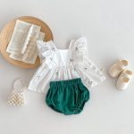【66-100cm】トップス＆ブルマ 花刺繡 グリーン 女の子 可愛い セットアップ - 画像 (2)