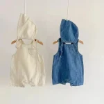 【66-90cm】ベビー ボンネット付き デニムサロペット