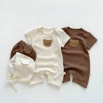 【66-90cm】ロンパース 半袖くま ワッペン ワッフル ベビー服