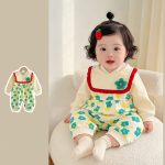 【66-90cm】ロンパース フラワー柄 スタイ付き 可愛い ベビー服