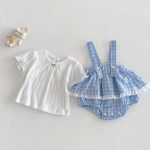 【66-90cm】セットアップ サロペットロンパース＆リブTシャツ ベビー 女の子 チェック柄 - 画像 (5)