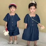 【80-150cm】セットアップ or ワンピース デニム スクエア襟 - 画像 (2)