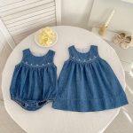 【66-130cm】ロンパース/ワンピース デニム ノースリーブ 姉妹服