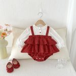 【66-90cm】ロンパース レイヤード ドット レッド 可愛い ベビー服