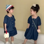 【80-150cm】セットアップ or ワンピース デニム スクエア襟 - 画像 (3)