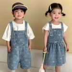 【80-150cm】デニムサロペット 総柄 カジュアル 兄妹お揃い