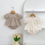 【66-100cm】ブラウス＆ブルマ パフスリーブ チェック シンプル ベビー服 - 画像 (2)