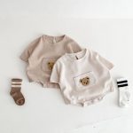 【66-90cm】ロンパース クマ柄 ポケット付き 半袖 ベビー服