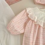 【66-90cm】ベビー 女の子 花柄 チェック柄 ロンパース 帽子付き セット - 画像 (6)