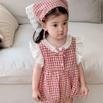 【66-90cm】ロンパース&ヘッドバンド ベビー 女の子 レース チェック - 画像 (3)